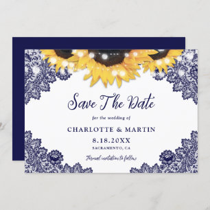 Navy Blue Rustic Chic Sunflower Lace Wedding Save The Date