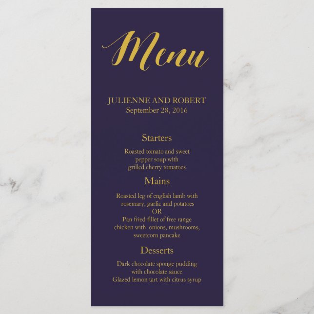 Navy Blue Rustic Chic Wedding Menu (Front)