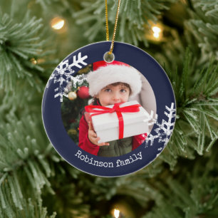 Navy Blue Rustic Circle Photo Ornament Snowflakes