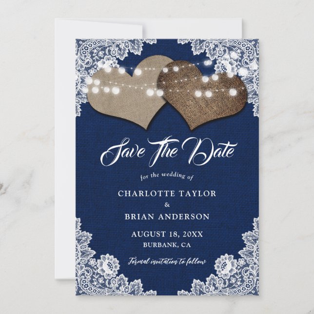 Navy Blue Rustic Country Floral Lace Wedding Save The Date (Front)