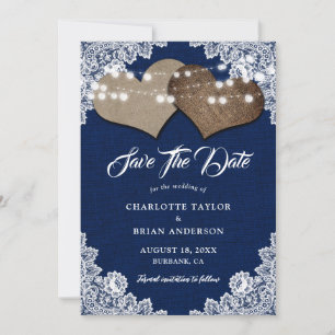Navy Blue Rustic Country Floral Lace Wedding Save The Date