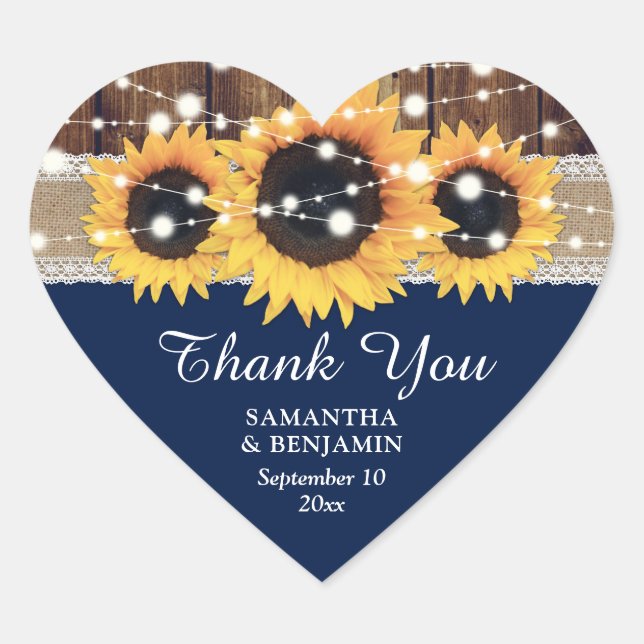 Navy Blue Rustic Country Sunflower Wedding Favour Heart Sticker (Front)