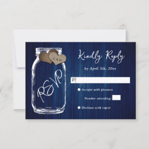 Navy Blue Rustic Country Wood Mason Jar Wedding RSVP Card