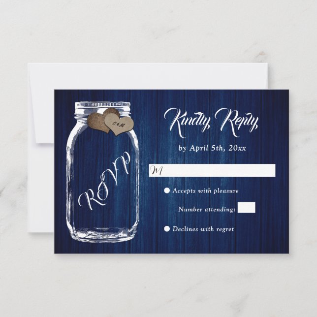 Navy Blue Rustic Country Wood Mason Jar Wedding RSVP Card (Front)