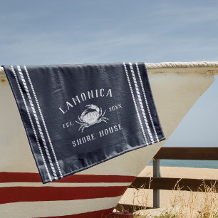 Navy Blue Rustic Crab Personalised Shore House Beach Towel