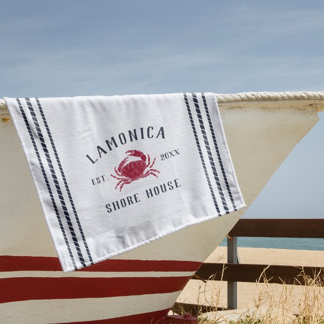 Navy Blue Rustic Crab Personalised Shore House Beach Towel (Creator Uploaded)