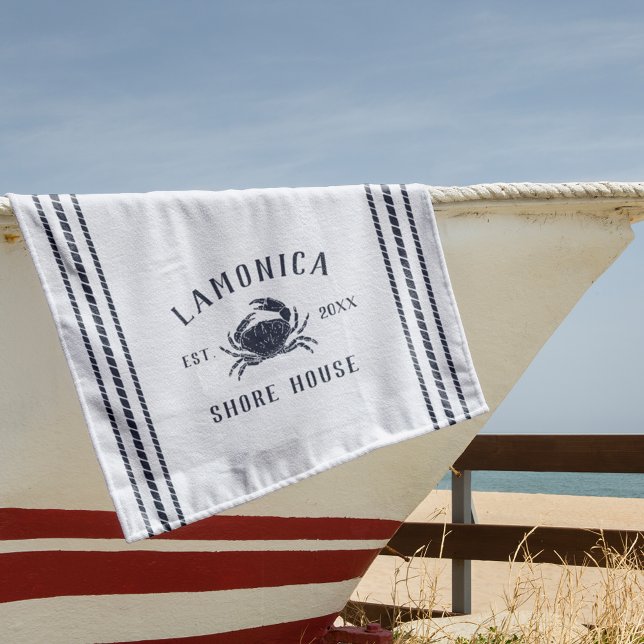 Navy Blue Rustic Crab Personalised Shore House Beach Towel (Creator Uploaded)