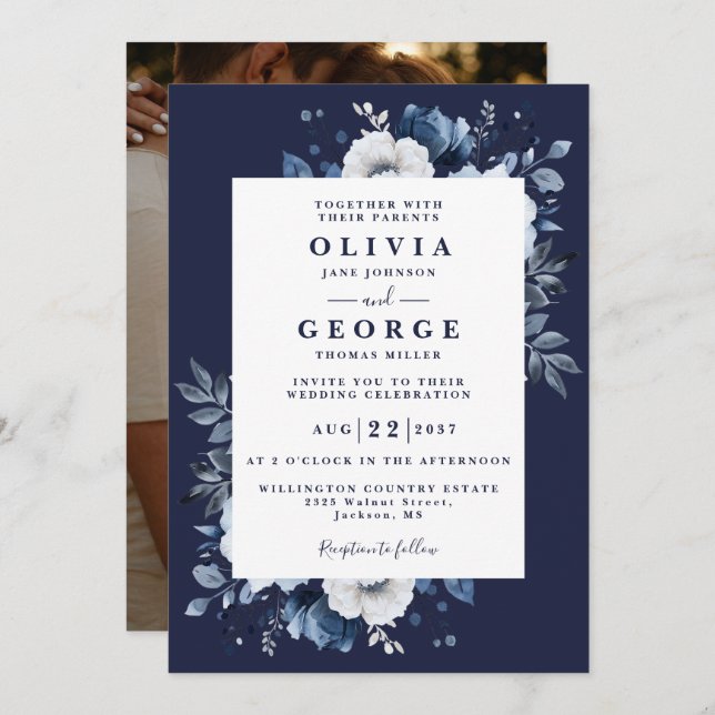 Navy Blue Rustic Elegant Floral Photo Wedding Invitation (Front/Back)