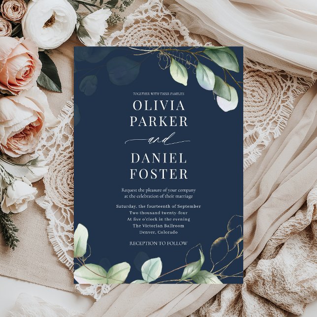 Navy Blue Rustic Eucalyptus Greenery Wedding Invitation (Creator Uploaded)