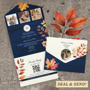 Navy Blue Rustic Fall Wedding All In One Invitation