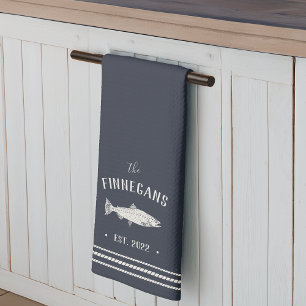 Navy Blue Rustic Fish Personalised Tea Towel