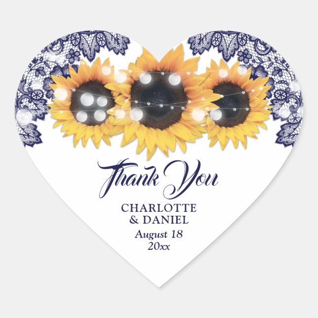 Navy Blue Rustic Floral Lace Sunflower Wedding Heart Sticker (Front)