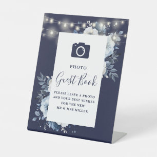 Navy Blue Rustic Floral Photo Guest Book Wedding Pedestal Sign