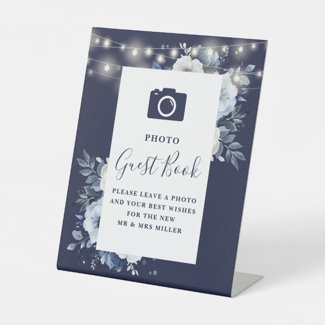 Navy Blue Rustic Floral Photo Guest Book Wedding Pedestal Sign (Front)