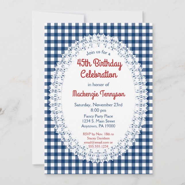 Navy Blue Rustic Gingham Birthday Party Invitation (Front)