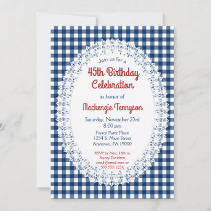Navy Blue Rustic Gingham Birthday Party Invitation