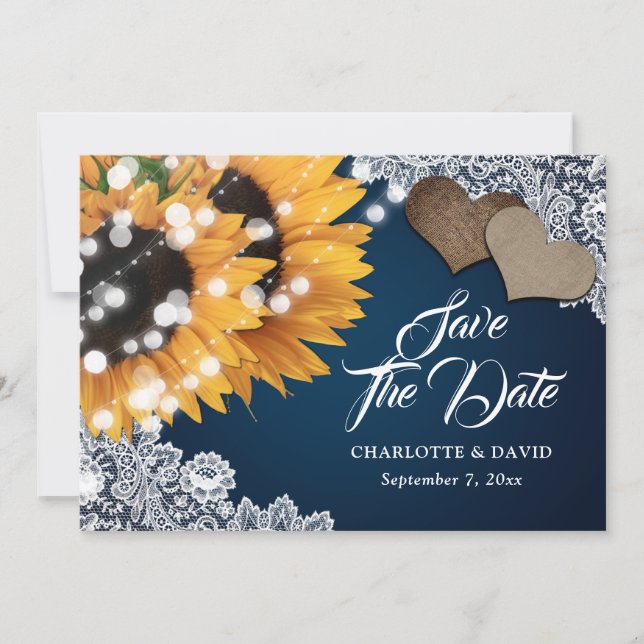 Navy Blue Rustic Lace Hearts Sunflower Wedding Save The Date (Front)