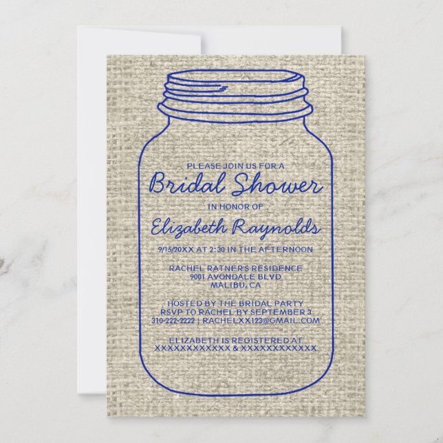 Navy Blue Rustic Mason Jar Bridal Shower Invites (Front)
