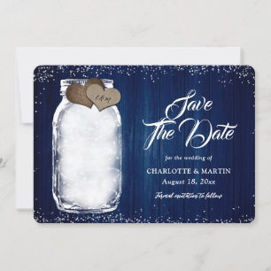 Navy Blue Rustic Mason Jar Lights Wood Wedding Save The Date