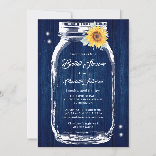 Navy Blue Rustic Mason Jar Sunflower Bridal Shower Invitation (Front)