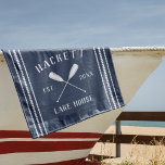 Navy Blue Rustic Oars Personalised Lake House Beach Towel<br><div class="desc">Customise your lake house with this cute personalised beach towel featuring your family name or house name and year established in white lettering accented with a pair of oars or canoe paddles on a navy blue background.</div>