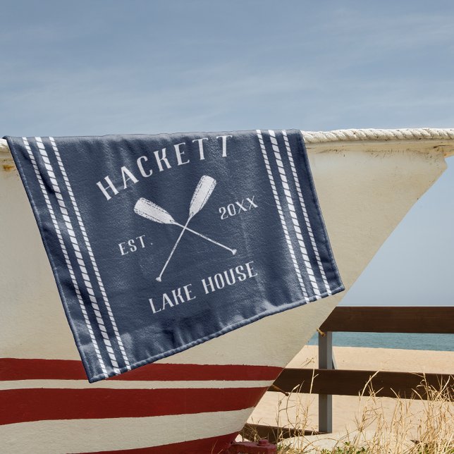 Navy Blue Rustic Oars Personalised Lake House Beach Towel (Creator Uploaded)