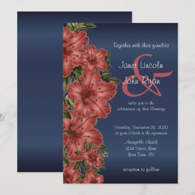 Navy Blue & Rustic Red Floral Wedding Invitations (Front/Back)