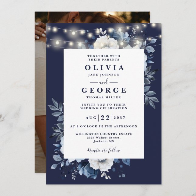 Navy Blue Rustic String Light Floral Photo Wedding Invitation (Front/Back)