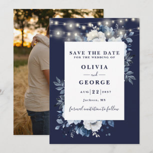Navy Blue Rustic String Lights Floral Photo Save The Date