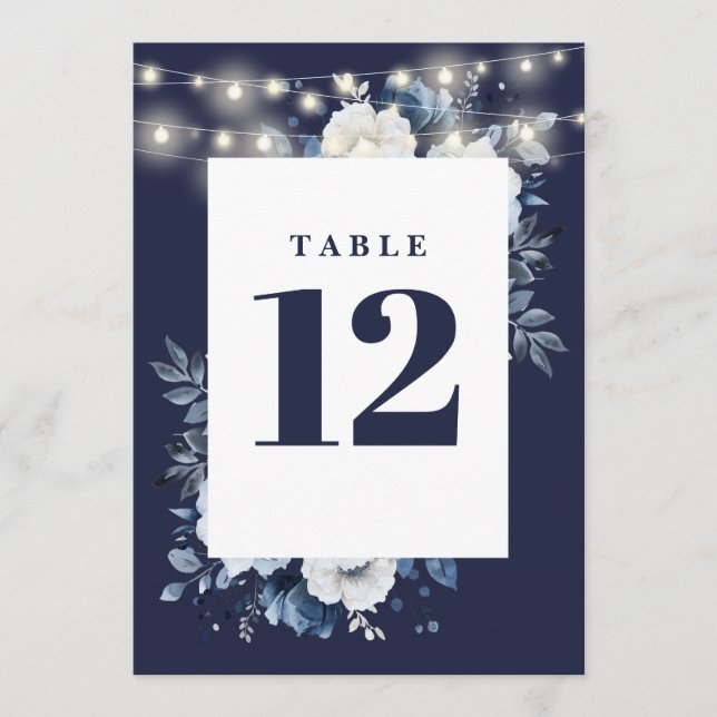 Navy Blue Rustic String Lights Floral Table Number (Front)