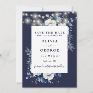 Navy Blue Rustic String Lights Floral Wedding Save The Date