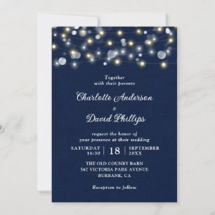 Navy Blue Rustic String Lights Wedding Invitation