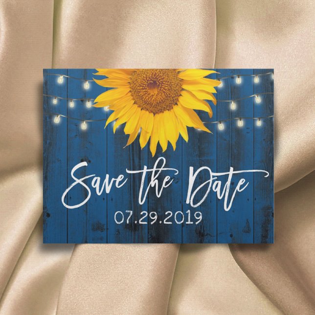 Navy Blue Rustic Sunflower Wedding Save the Date Announcement Postcard (Creator Uploaded)
