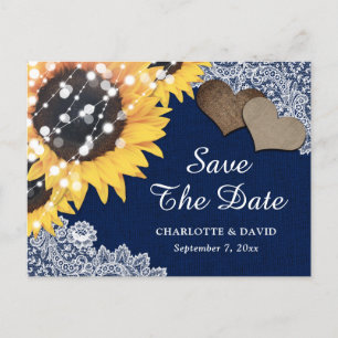 Navy Blue Rustic Sunflower Wedding Save The Date Announcement Postcard