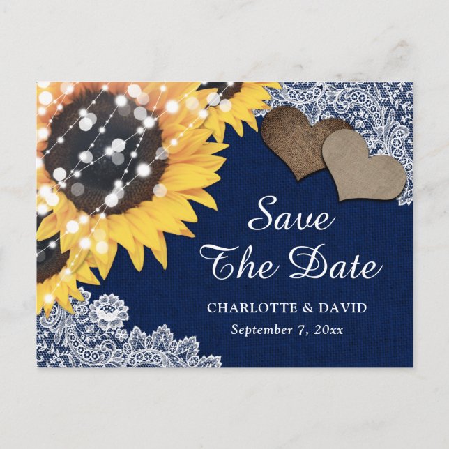 Navy Blue Rustic Sunflower Wedding Save The Date Announcement Postcard (Front)