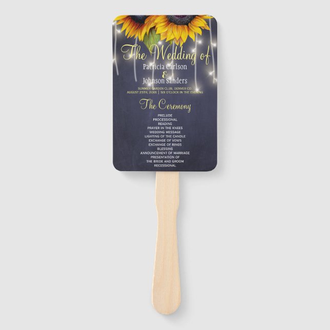 Navy blue rustic sunflowers chic wedding program hand fan (Front)