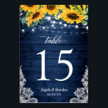 Navy Blue Rustic Sunflowers String Lights Wedding Table Number<br><div class="desc">Rustic Navy Blue Wood Sunflowers String Lights Lace Wedding Table Number Card. (1) Please customise this template one by one (e.g, from number 1 to xx) , and add each number card separately to your cart. (2) For further customisation, please click the "customise further" link and use our design tool...</div>