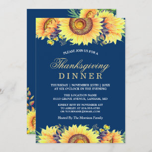 Navy Blue Rustic Sunflowers Thanksgiving Dinner Invitation