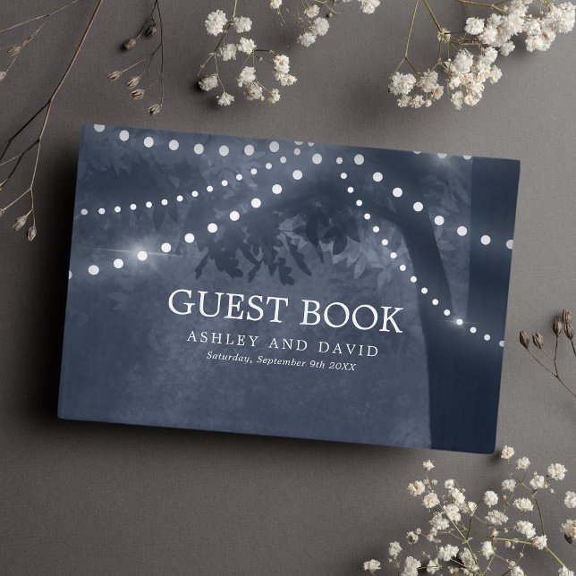 Navy Blue Rustic Tree String Lights Wedding Guest Book (Creator Uploaded)