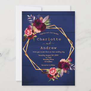 Navy blue rustic wall burgundy florals wedding invitation