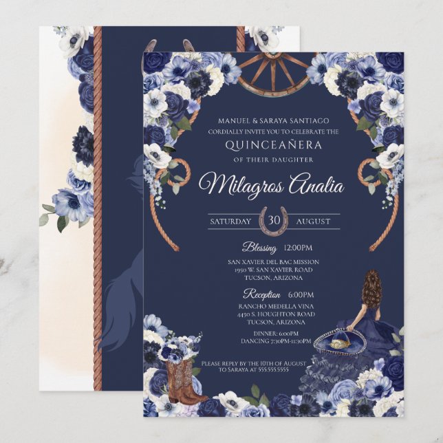 Navy Blue Rustic Western Charro Quinceanera  Invitation (Front/Back)