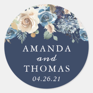 Navy Blue Rustic Whimsical Floral Wedding Classic Round Sticker