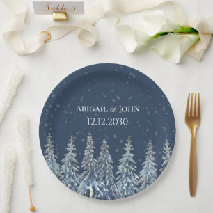 Navy Blue Rustic Winter Forest Wedding Paper Plate
