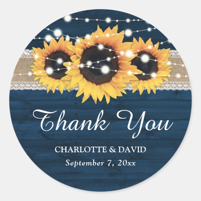 Navy Blue Rustic Wood Burlap Lace Sunflower Classic Round Sticker (Front)