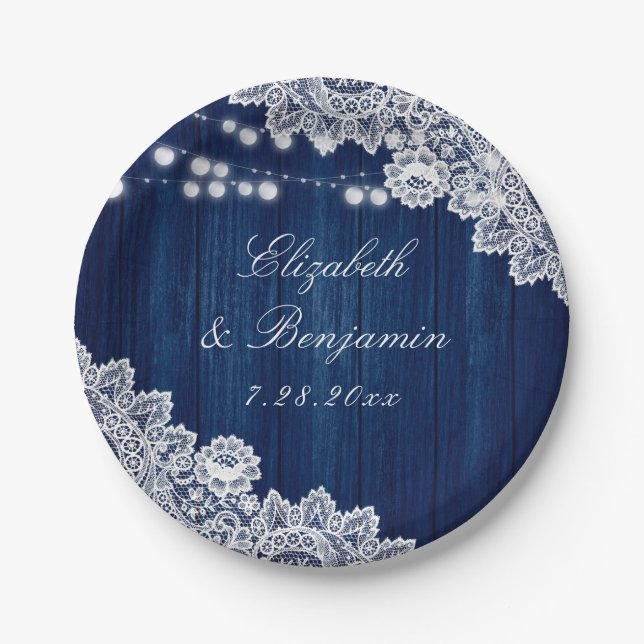 Navy Blue Rustic Wood Lace String Lights Paper Plate (Front)