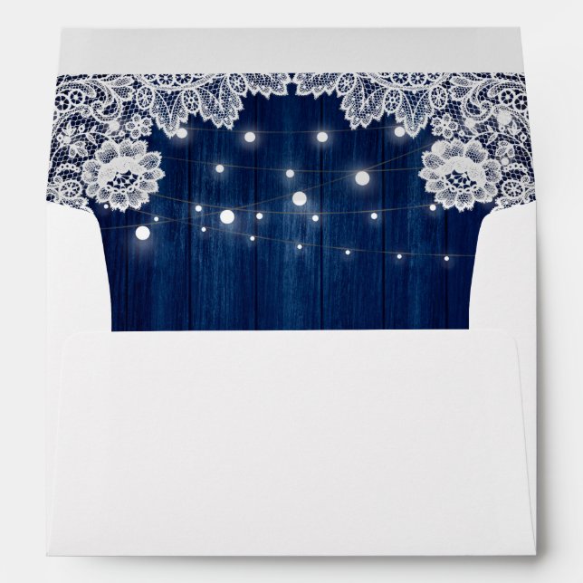 Navy Blue Rustic Wood Lace String Lights Wedding Envelope (Back (Bottom))