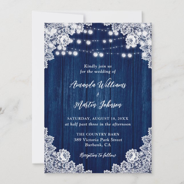 Navy Blue Rustic Wood Lace String Lights Wedding Invitation (Front)