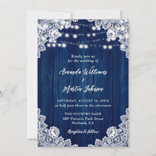 Navy Blue Rustic Wood Lace String Lights Wedding Invitation