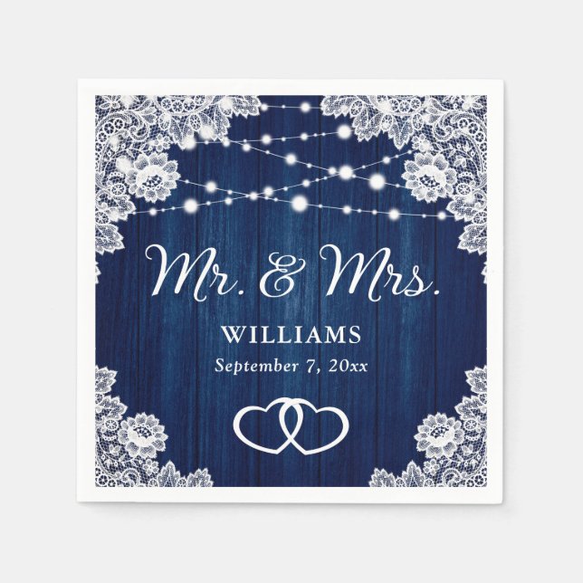 Navy Blue Rustic Wood Lace String Lights Wedding Napkin (Front)