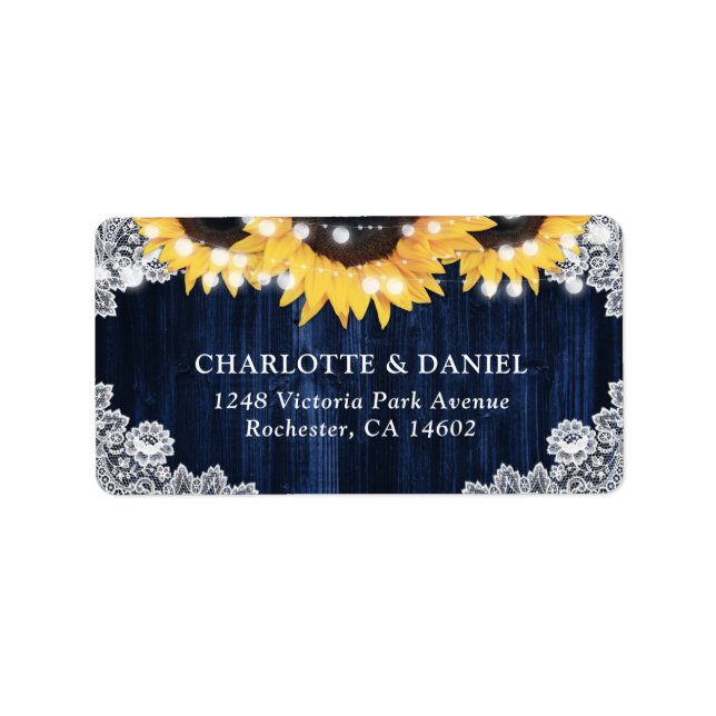Navy Blue Rustic Wood Lace Sunflower Address Label (Front)